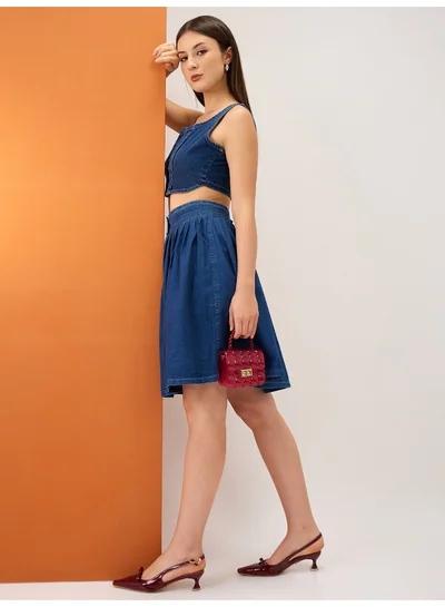 globus Women Med Blue High-Rise Pleated Button-Down Above Knee Flared Denim Skirt