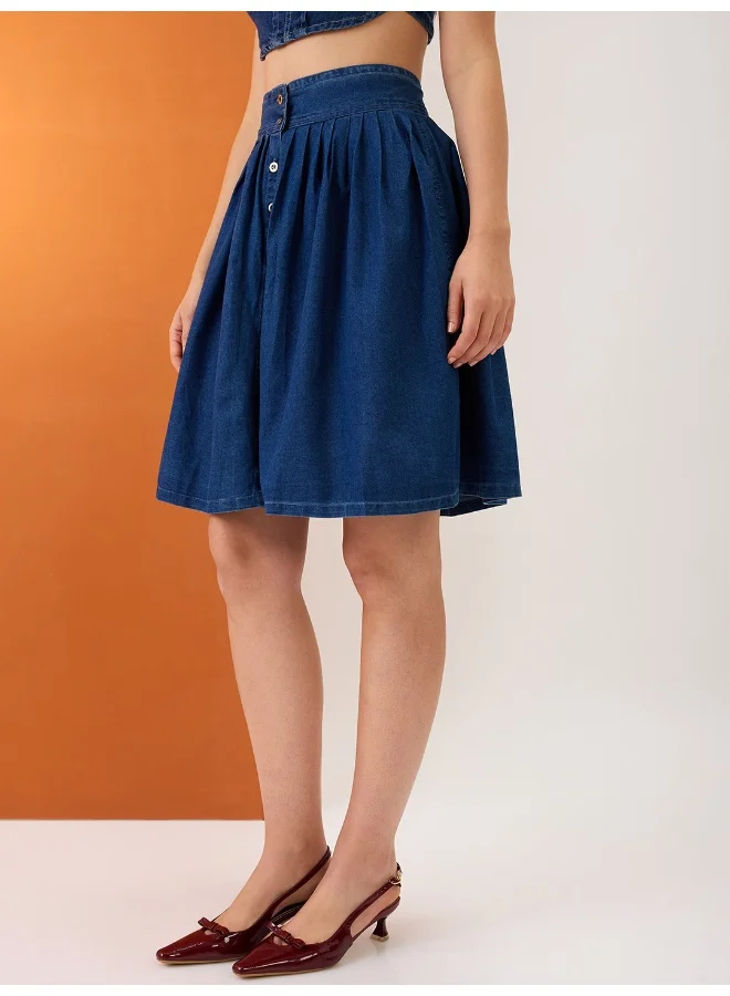 globus Women Med Blue High-Rise Pleated Button-Down Above Knee Flared Denim Skirt