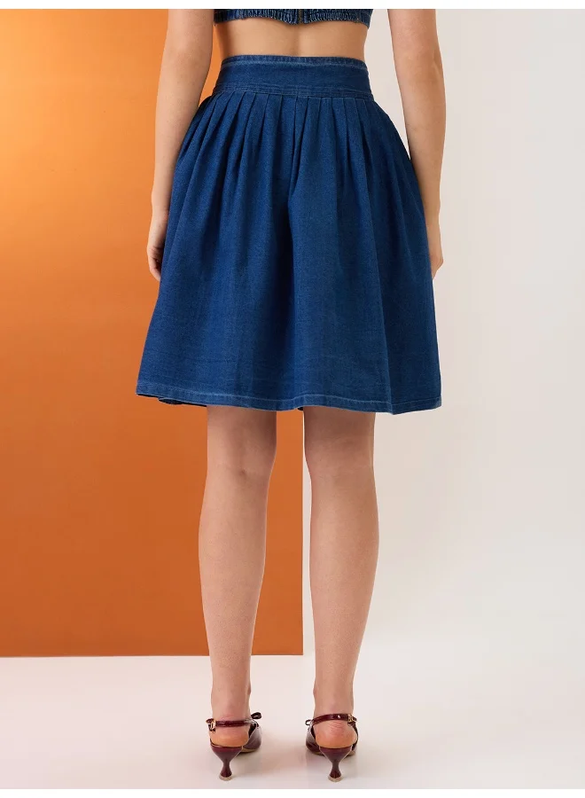 globus Women Med Blue High-Rise Pleated Button-Down Above Knee Flared Denim Skirt