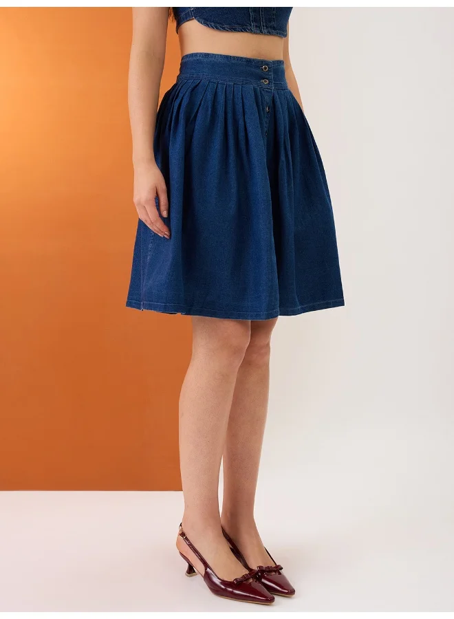 globus Women Med Blue High-Rise Pleated Button-Down Above Knee Flared Denim Skirt