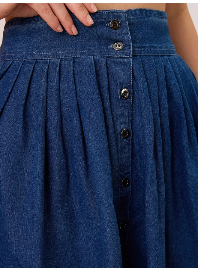 globus Women Med Blue High-Rise Pleated Button-Down Above Knee Flared Denim Skirt