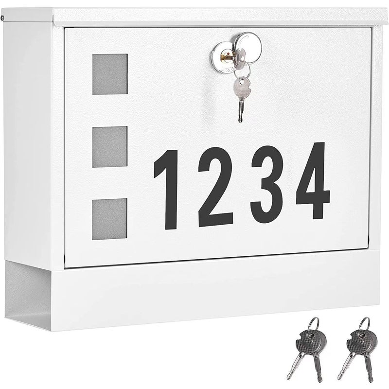 LANDÂ·VOI LANDVOI Locking Mailbox Wall Mounted Metal Postbox with Three Sets of Mail Box Number Stickers 4 Keys 144 x 45 x 112 Large Capacity Textured White AMB11W 