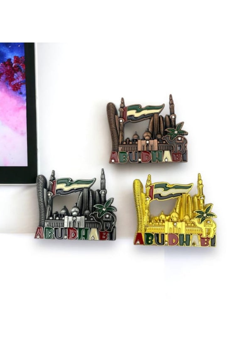 Abu Dhabi Souvenir Fridge Magnet – 3D Skyline Design with UAE Flag – Metal Refrigerator Decor Gift – Travel Collectible from United Arab Emirates (3 Peices Set) - Image 2