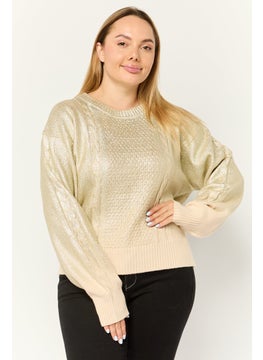 ESPRIT Women Round Neck Textured Long Sleeves Crop Sweatshirt, Gold  - Image 1