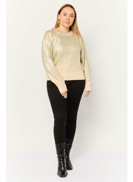 ESPRIT Women Round Neck Textured Long Sleeves Crop Sweatshirt, Gold  - Image 4