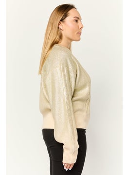 ESPRIT Women Round Neck Textured Long Sleeves Crop Sweatshirt, Gold  - Image 2