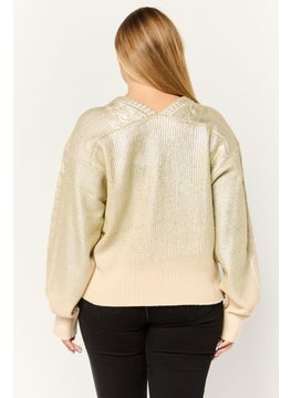 ESPRIT Women Round Neck Textured Long Sleeves Crop Sweatshirt, Gold  - Image 3