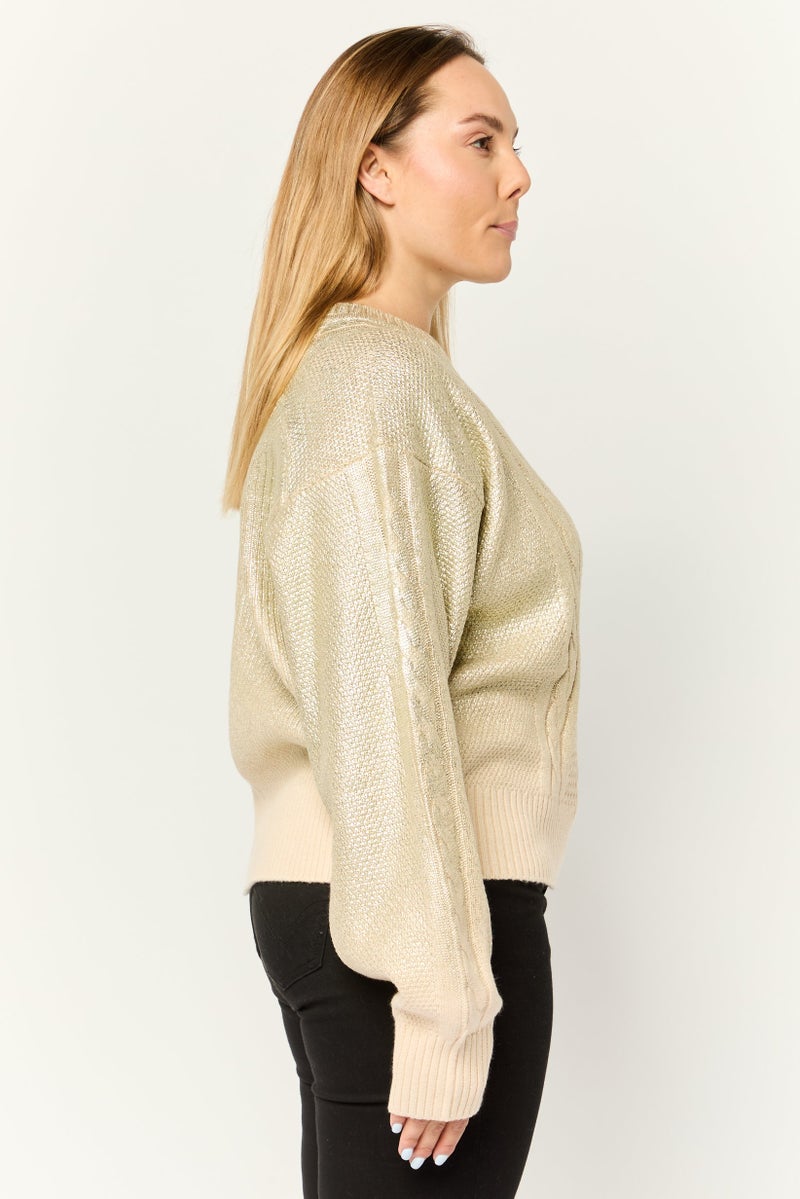 ESPRIT Women Round Neck Textured Long Sleeves Crop Sweatshirt, Gold - Image 2