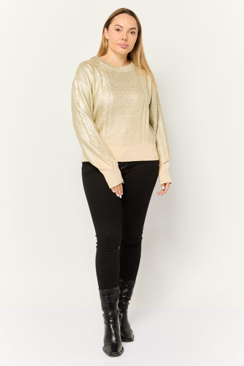 ESPRIT Women Round Neck Textured Long Sleeves Crop Sweatshirt, Gold - Image 4
