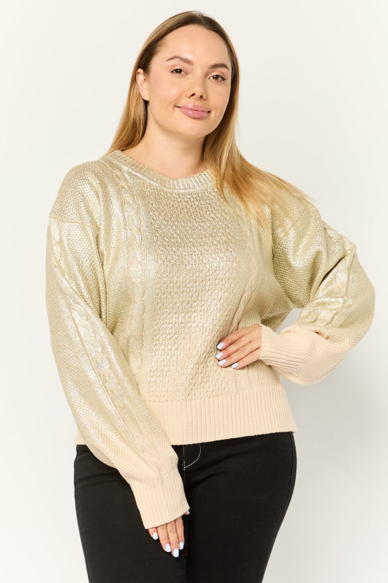 ESPRIT Women Round Neck Textured Long Sleeves Crop Sweatshirt, Gold - Image 1