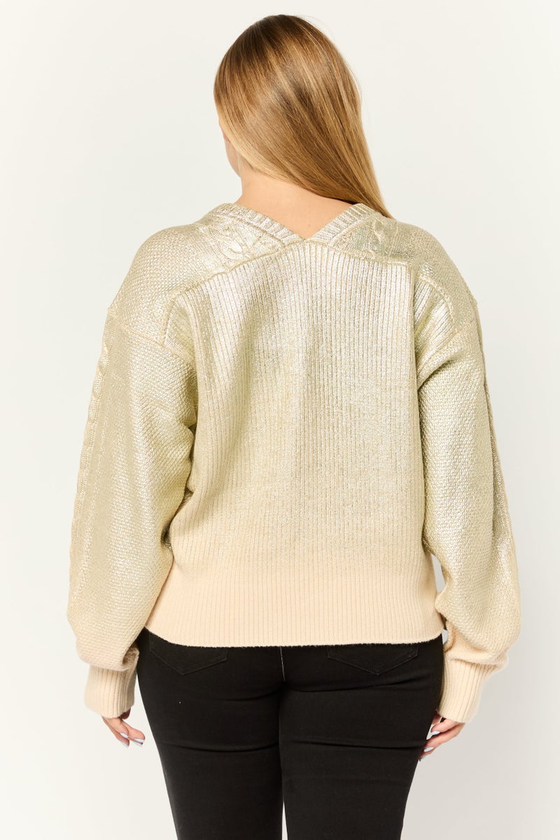 ESPRIT Women Round Neck Textured Long Sleeves Crop Sweatshirt, Gold - Image 3