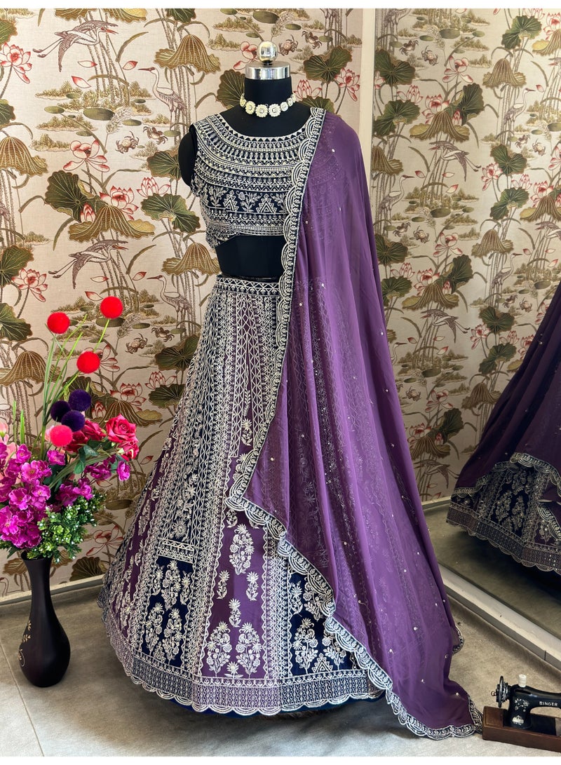 Super Asian Elegant Faux Georgette Lehenga Set with Sequin Embroidery Work | Includes Dupatta & Unstitched Blouse  - Image 2