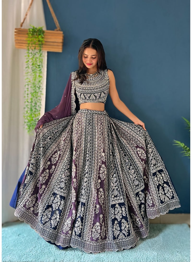 Super Asian Elegant Faux Georgette Lehenga Set with Sequin Embroidery Work | Includes Dupatta & Unstitched Blouse  - Image 1
