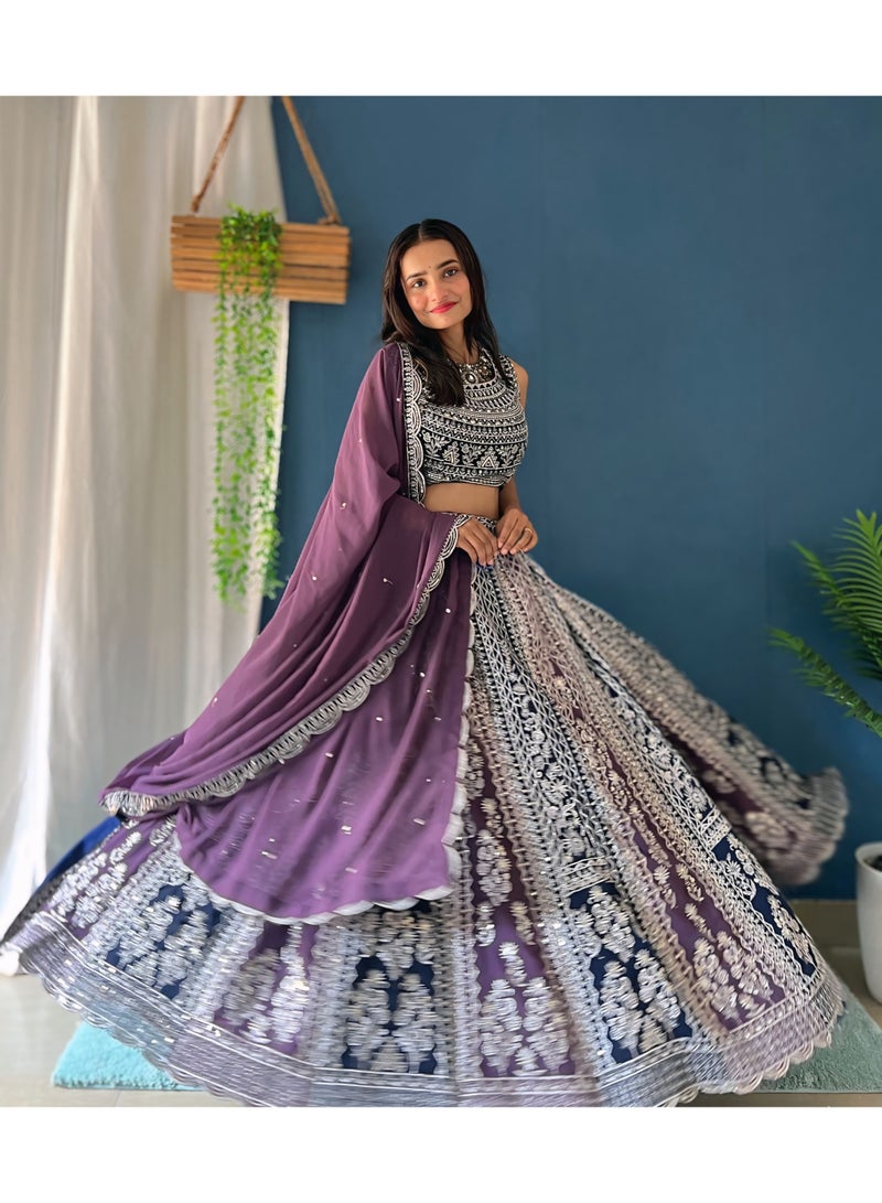 Super Asian Elegant Faux Georgette Lehenga Set with Sequin Embroidery Work | Includes Dupatta & Unstitched Blouse  - Image 3