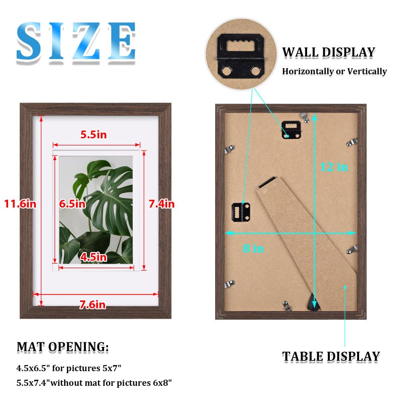 Egofine Egofine 8x12 Picture Frames Made of Solid Wood with Plexiglass  Display Pictures 5x7/6x8 with Mat or 8x12 Without Mat Set of 4 for Tabletop and Wall Mounting  Rustic Brown  - Image 3