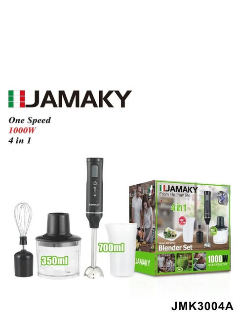 Jamaky هاند بلندر خلاط يدوي 4 في 1 قوة 1000 وات متعدد الاستخدامات بسرعات متعددة من فولاذ مقاوم للصدأ جاماكي - jmk 3004A تصميم ايطالي