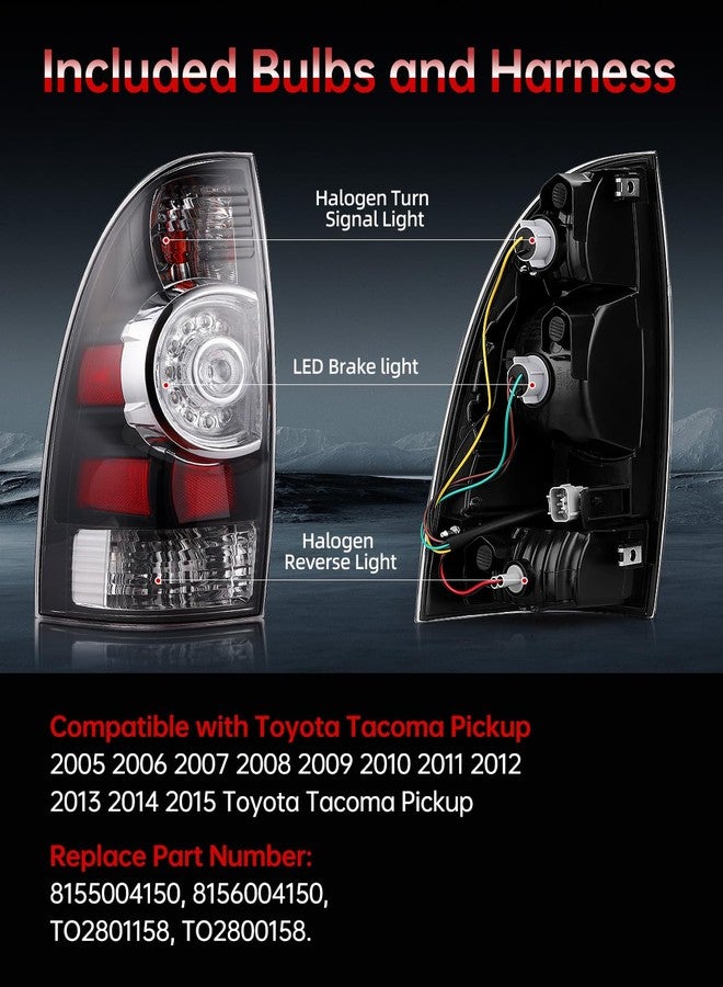 OKLPF Rear Brake Tail Light Compatible With 2005 2006 2007 2008 2009 2010 2011 2012 2013 2014 2015 Toyota Tacoma Pickup Taillight LED Lens Bulb and Harness Included(Black Housing) - Image 2