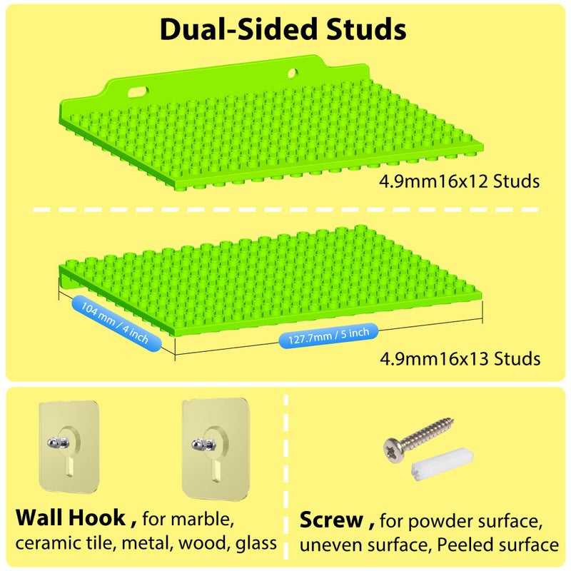 LRANFOW 6 Pack Wall Display Shelves with Dual Sided 16x13 Building Studs, 4x5 Inch Building Plate Compatible with Lego Building Bricks for Organized Storage & Modern Room Decor, Glow in The Dark - Image 3