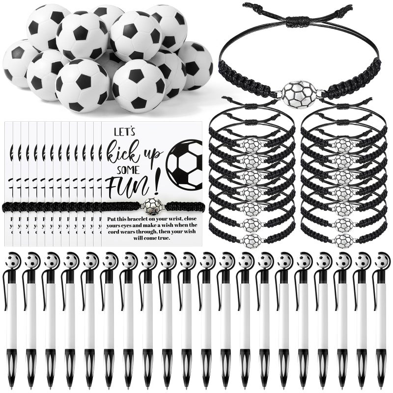 Equsion 80 Pcs Soccer Team Gifts Set Bracelets Soccer Ball Ballpoint Pens Foam Stress Balls Kick Up Cards Adjustable Bracelets for Sports Reward Birthday Party Supplies - Image 1