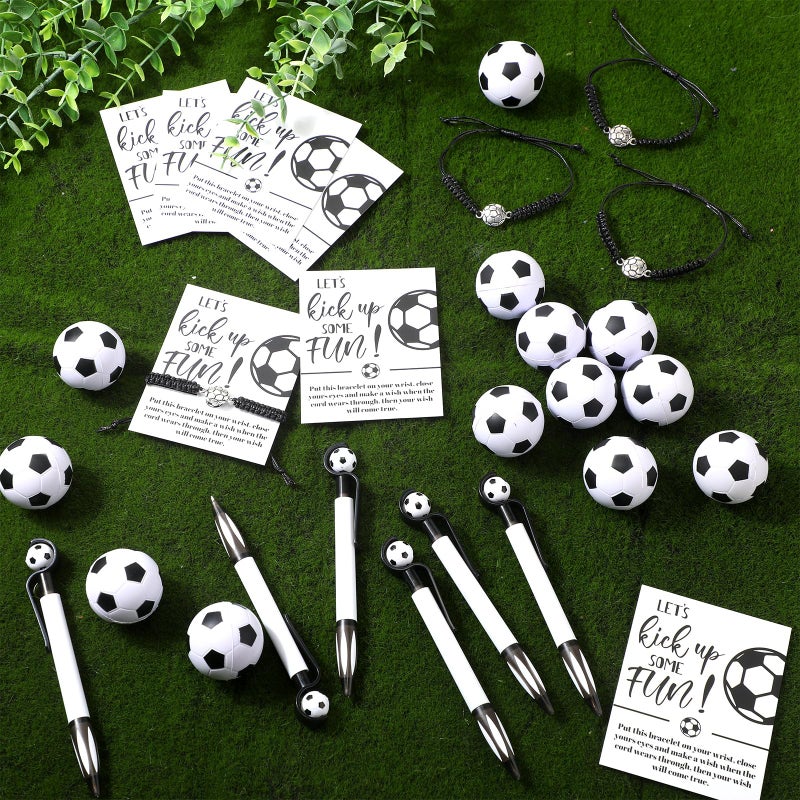 Equsion 80 Pcs Soccer Team Gifts Set Bracelets Soccer Ball Ballpoint Pens Foam Stress Balls Kick Up Cards Adjustable Bracelets for Sports Reward Birthday Party Supplies - Image 4