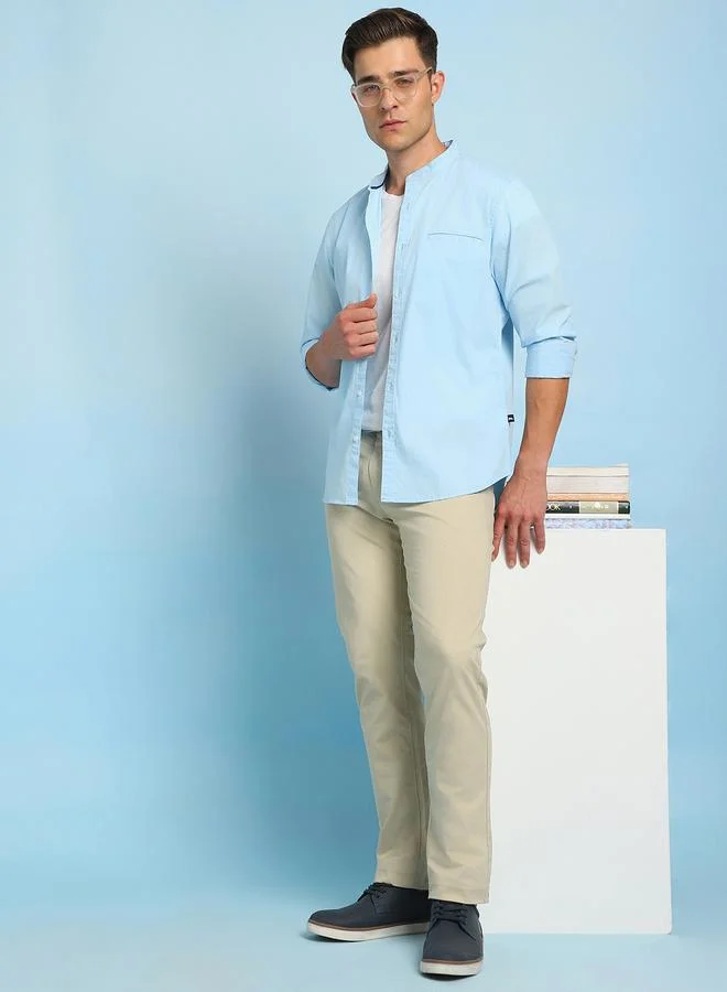 Dennis Lingo Men's Sky Blue Slim Fit Casual Spread Shirt