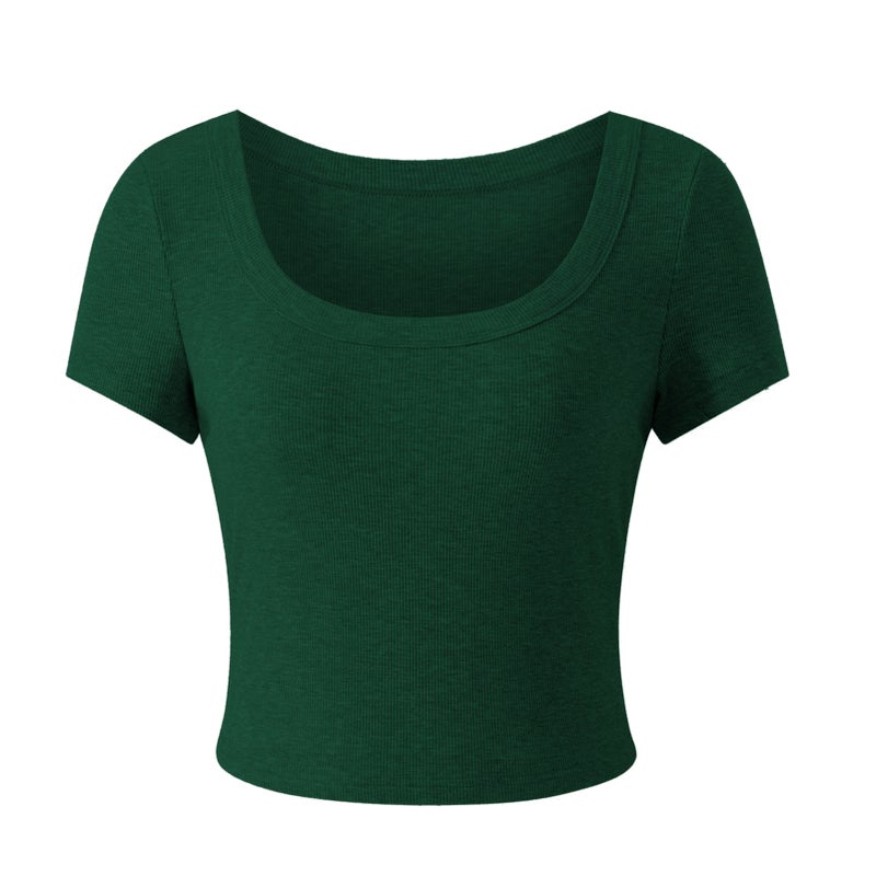 Short Sleeve Crewneck Top Women Fashionable Elegant Slim Fit Pure Color Rib Knit Shirt for Office Work OD Green M - Image 1