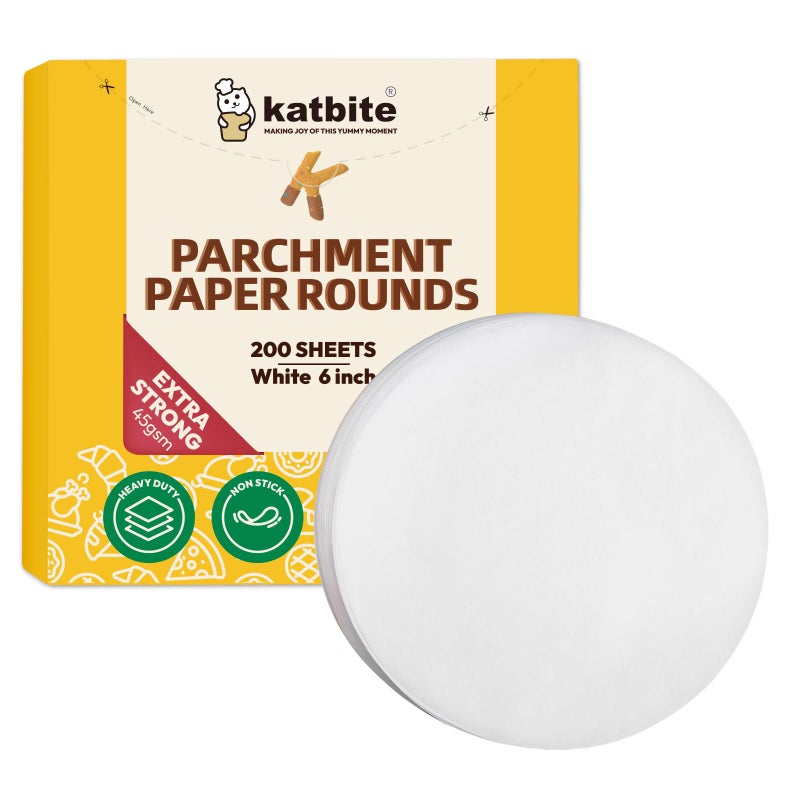 Katbite 6 Inch 200Pcs Parchment Paper Rounds, Round Baking Sheets Paper, Uses for Cake Baking, Patty Separating, Tortilla Wrapping - Image 1