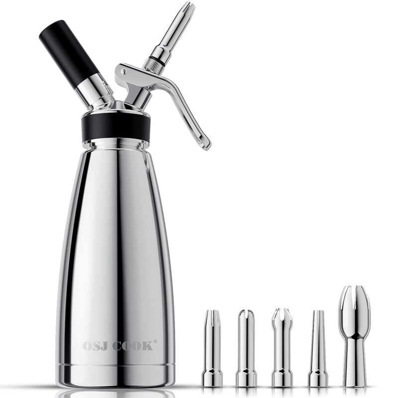 OSJ COOK Whipped Cream Dispenser Stainless Steel Keep Warm and Cold500mL1 Pint Double Wall Thermos Whipped Cream Maker5 Various Stainless Decorating Nozzles1 Cleaning BrushN2O Chargers NOT Included - Image 3