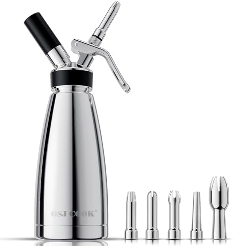OSJ COOK Whipped Cream Dispenser Stainless Steel Keep Warm and Cold500mL1 Pint Double Wall Thermos Whipped Cream Maker5 Various Stainless Decorating Nozzles1 Cleaning BrushN2O Chargers NOT Included - Image 1