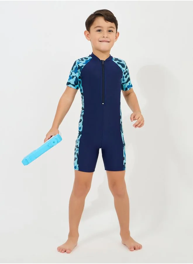 Styli Side Panel Printed Swimsuit with Half Zip