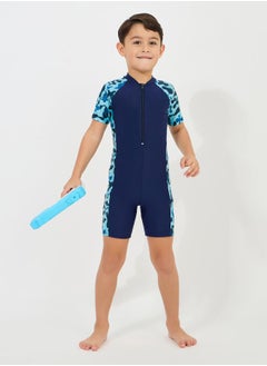 Styli Side Panel Printed Swimsuit with Half Zip  - Image 1