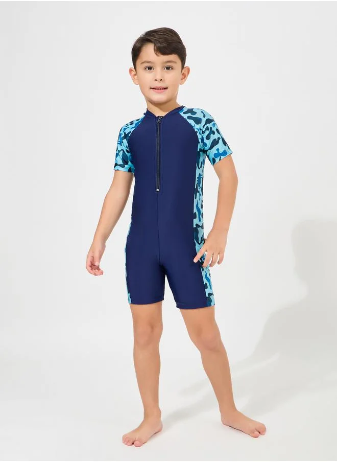 Styli Side Panel Printed Swimsuit with Half Zip