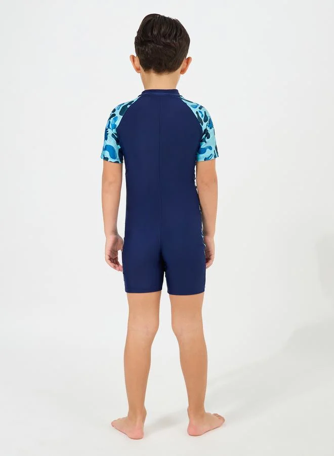 Styli Side Panel Printed Swimsuit with Half Zip