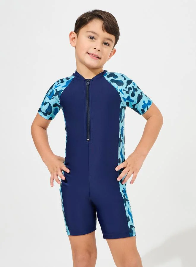 Styli Side Panel Printed Swimsuit with Half Zip