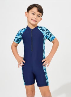 Styli Side Panel Printed Swimsuit with Half Zip  - Image 3