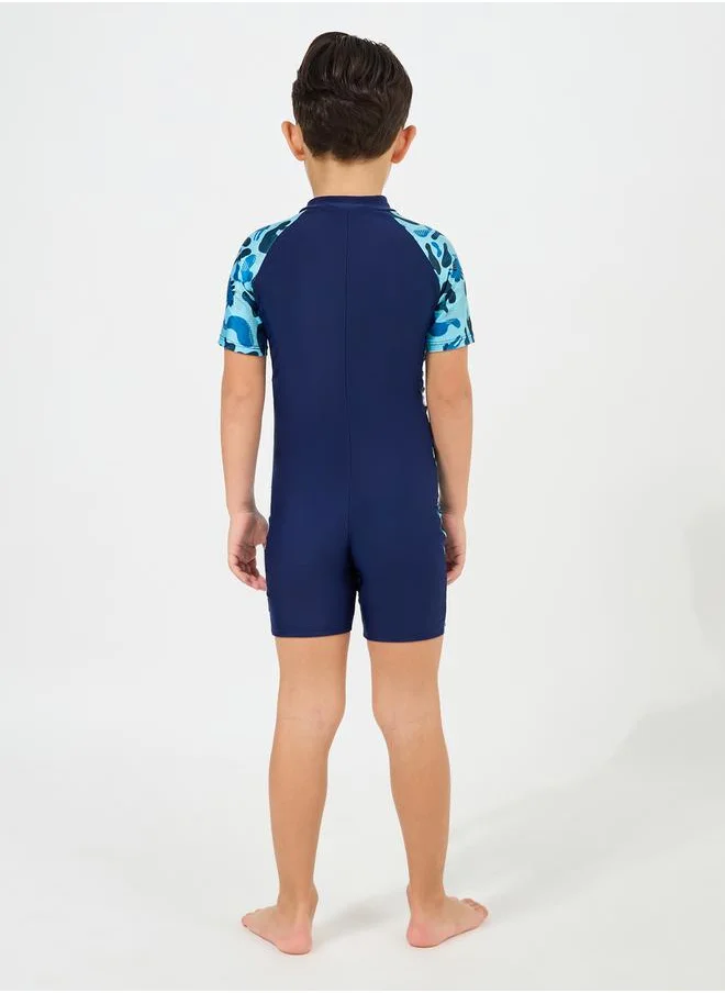 ستايلي Side Panel Printed Swimsuit with Half Zip