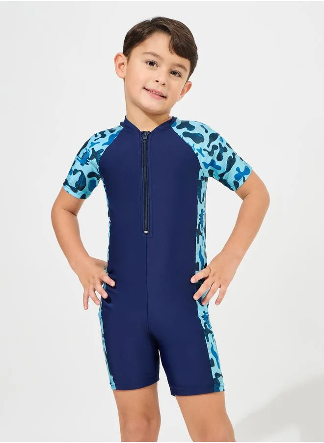 ستايلي Side Panel Printed Swimsuit with Half Zip