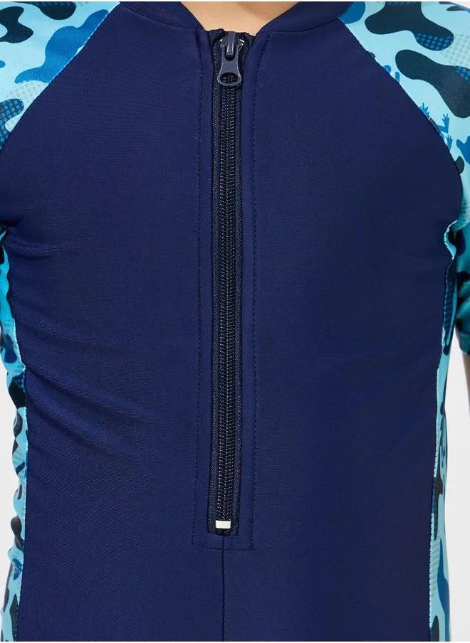 ستايلي Side Panel Printed Swimsuit with Half Zip