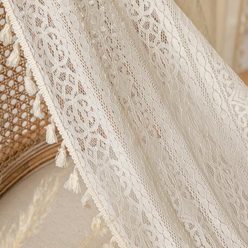 WAZZIO Beige Boho Lace Sheer Curtains 45 Inch Length 2 Panel,Rod Pocket Farmhouse Light Filtering Sheer Curtain Tassel Bohemian Short Curtains for Bedroom Living Room - Cream - Image 4