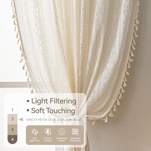 WAZZIO Beige Boho Lace Sheer Curtains 45 Inch Length 2 Panel,Rod Pocket Farmhouse Light Filtering Sheer Curtain Tassel Bohemian Short Curtains for Bedroom Living Room - Cream - Image 3