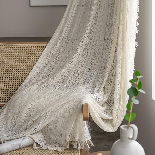 WAZZIO Beige Boho Lace Sheer Curtains 45 Inch Length 2 Panel,Rod Pocket Farmhouse Light Filtering Sheer Curtain Tassel Bohemian Short Curtains for Bedroom Living Room - Cream - Image 1