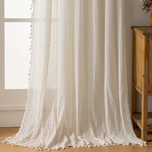 WAZZIO Beige Boho Lace Sheer Curtains 45 Inch Length 2 Panel,Rod Pocket Farmhouse Light Filtering Sheer Curtain Tassel Bohemian Short Curtains for Bedroom Living Room - Cream - Image 5
