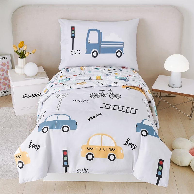 PERFEMET 4 Pcs Toddler Bedding Set Soft Reversible Cars Bus Trucks Print Toddler Bed Set for Boys Girls Matching Sheet Set Light Grey TaxisBusTrucks