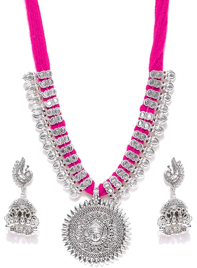 YouBella Stylish Latest Traditional Jewelery Silver Plated Jewelery Set for Women (PINK)(YBNK 5499) - Image 1