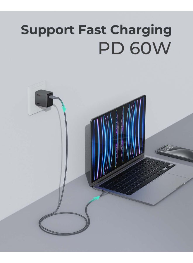 AUKEY Circlit Blink 60W Lite Cable 1m. DTY Braided USB-C to USB-C - CB-DCC063 Black grey - Image 3