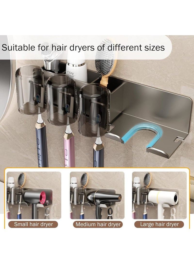 SOLARAE حاملات فرشاة الأسنان للحمام، حاملات فرشاة الأسنان مثبتة على الحائط مع حامل مجفف الشعر، 2 كوب، 2 فتحة فرشاة، 2 شبكة تخزين، لاصق بدون مسامير، ملحقات حاملات فرشاة الأسنان للحمام، رمادي - Image 4