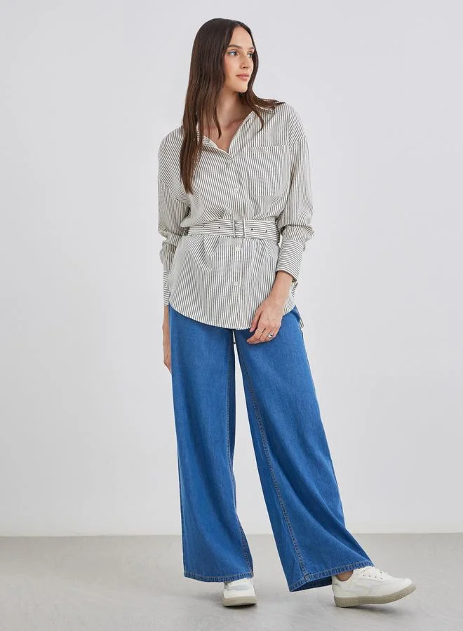 ستايلي Styli Cream Striped Shirt with Belt