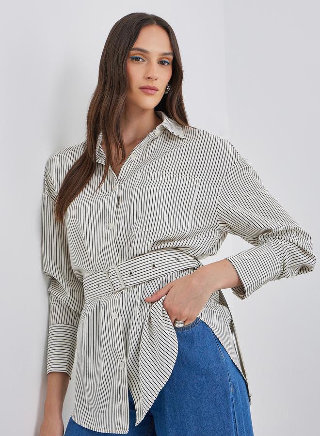 Styli Cream Striped Shirt with Belt - Image 1