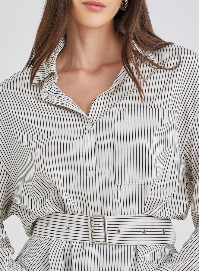 Styli Cream Striped Shirt with Belt - Image 3