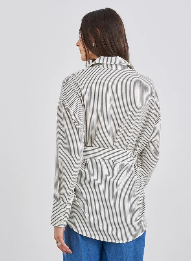 Styli Cream Cream Striped Shirt with Belt for Women | Best Price UAE